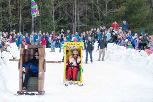 Two colorful sleds race down a snowy track, surrounded by a cheering crowd in winter attire.