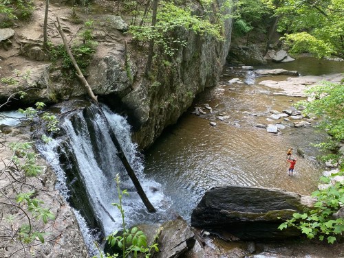 A small waterfall cascades into a serene pool, with a person standing nearby in a lush, green forest setting.