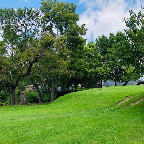 A lush green landscape with trees and a grassy hill under a partly cloudy sky.