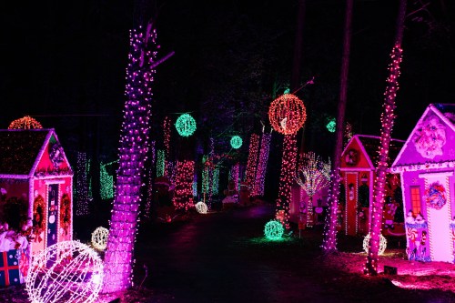A festive pathway lined with colorful lights and decorated houses in a dark, wooded area.