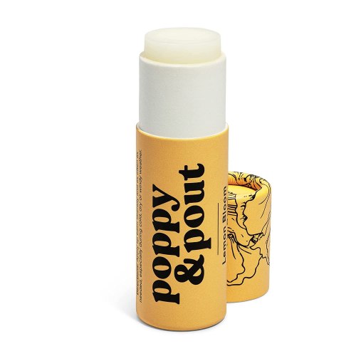 A lip balm tube with a yellow design featuring "poppy & pout" text and a colorful illustration on the cap.