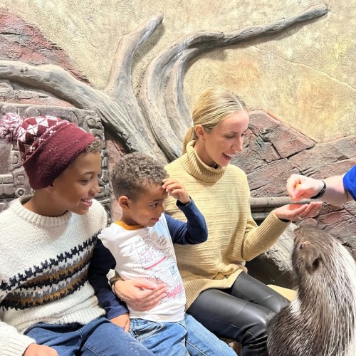 A woman and two children interact with a small animal in a playful indoor setting.