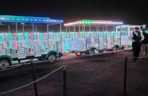 A brightly lit train with colorful lights, parked in a dark area, surrounded by festive decorations.