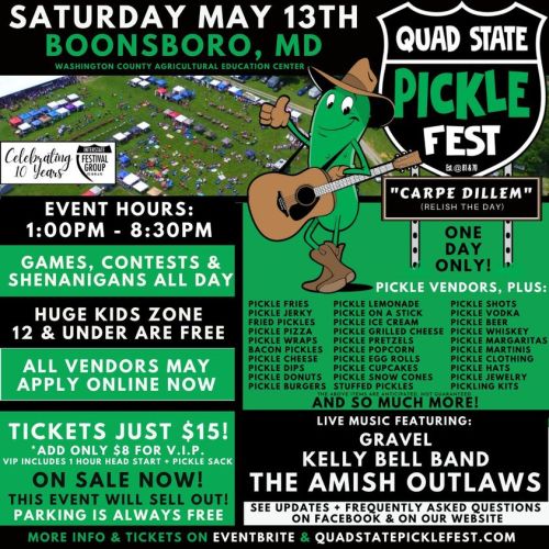 Promotional poster for Quad State Pickle Fest in Boonsboro, MD, featuring event details, vendors, and entertainment.