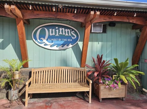 A wooden bench in front of a teal wall with a sign reading "Quinn's Almost By The Sea" and colorful plants nearby.