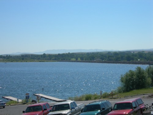 A serene lake with sparkling water, surrounded by green trees and distant mountains, with parked cars in the foreground.