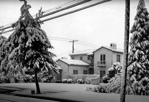 A snow-covered house surrounded by trees, with power lines in a winter landscape.