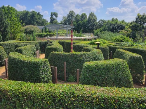 Aerial view of a green hedge maze under a blue sky with fluffy clouds, surrounded by trees and open space.
