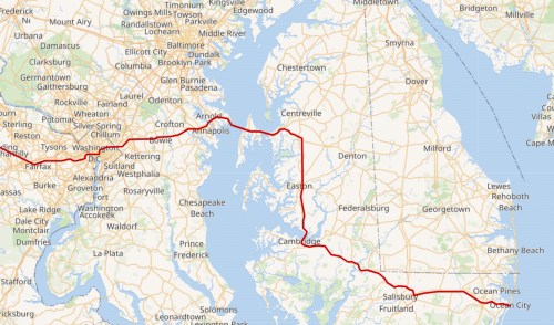 Map showing a route from Washington, D.C. to Ocean Pines, Maryland, with key locations and highways marked.
