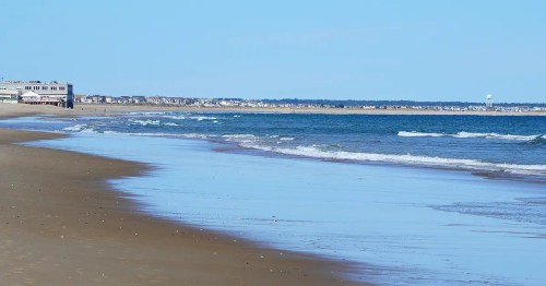 A serene beach scene with gentle waves, sandy shore, and distant buildings under a clear blue sky.