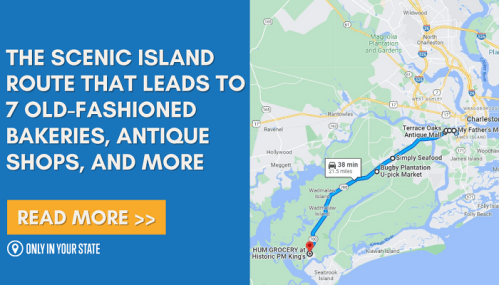 Map highlighting a scenic island route to bakeries and antique shops, with a call to action to read more.