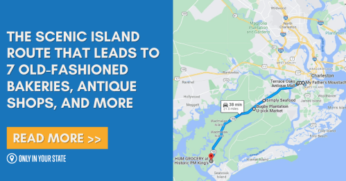 Map highlighting a scenic route to bakeries and antique shops, with a travel time of 38 minutes.