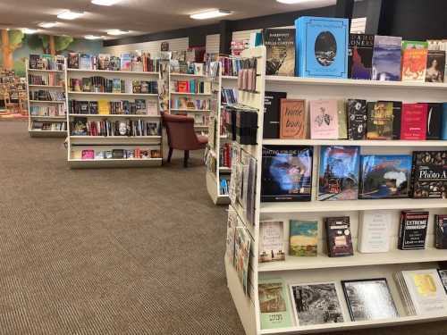 A cozy bookstore interior with shelves filled with various books and a chair in the background.