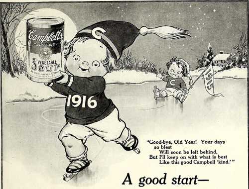 A vintage illustration of children ice skating, one holding a can of Campbell's soup, celebrating the New Year.