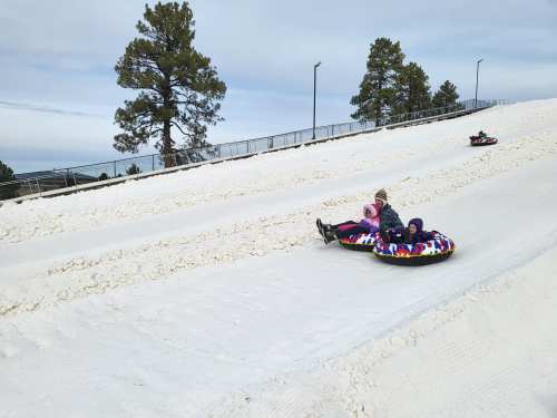 Two children sledding down a snowy hill on colorful tubes, with trees and a cloudy sky in the background.