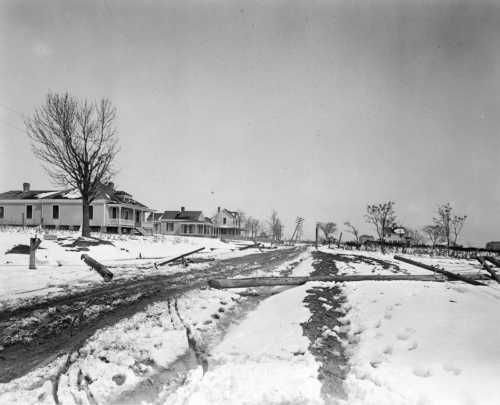 A snowy landscape with damaged houses and fallen trees lining a muddy road, suggesting a recent storm or disaster.