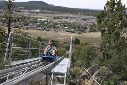 A person rides a mountain coaster down a track with a scenic view of hills and a small town in the background.
