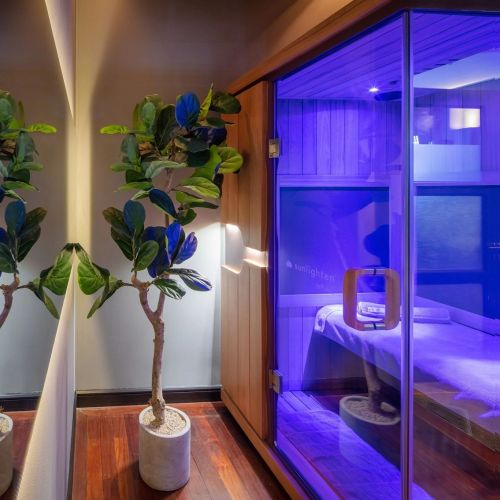 A modern spa room featuring a potted plant, wooden walls, and a glowing blue sauna.