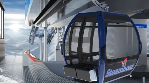 A blue gondola labeled "Steamboat" at a ski resort station, with snowy mountains in the background.