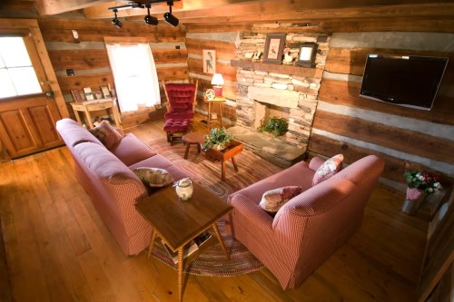 Cozy living room with log walls, two sofas, a coffee table, and a stone fireplace, illuminated by natural light.