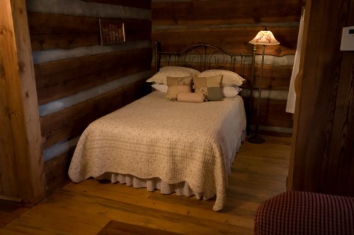 Cozy bedroom with a wooden log wall, a bed with a patterned quilt, and a lamp beside it.
