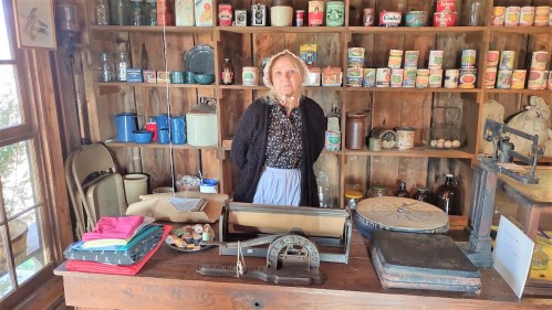 An elderly woman stands behind a wooden counter filled with vintage items and canned goods on shelves.