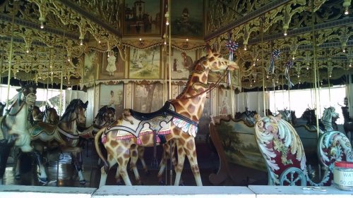 A vintage carousel featuring a giraffe and ornate decorations, with painted horses and historical artwork in the background.