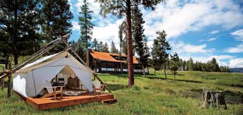 A white tent on a wooden deck in a grassy field, surrounded by trees and a rustic building in the background.