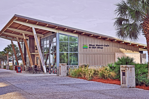 A modern café and gift shop with large windows, surrounded by palm trees and a paved pathway.