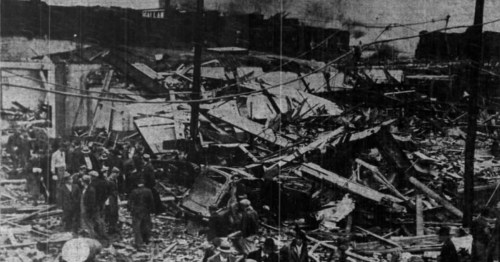 A desolate landscape of destruction, with fallen trees and debris scattered among ruined buildings.