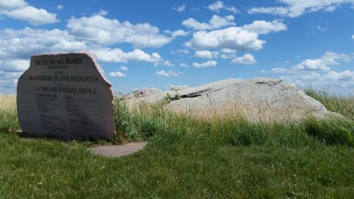 A stone monument in a grassy field under a blue sky with clouds, honoring the Prairie Foundation and U.S. Fish and Wildlife Service.