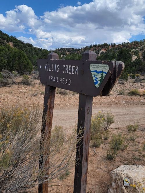 Sign for Willis Creek Trailhead in a desert landscape with shrubs and distant hills under a partly cloudy sky.