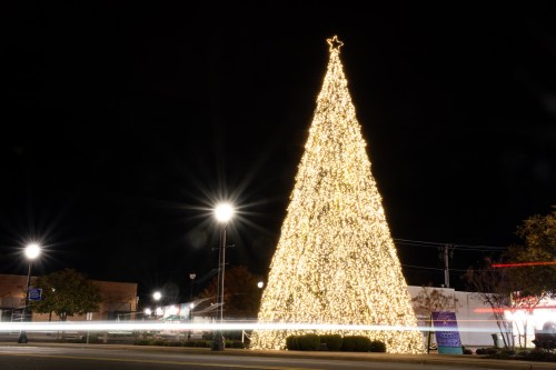 A tall, illuminated Christmas tree adorned with lights, standing in a dark street with light trails from passing cars.
