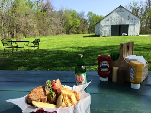 A picnic table with a sandwich, condiments, and a drink, set against a green field and a rustic barn in the background.