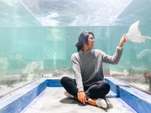 A woman sits cross-legged in an aquarium, gently touching a stingray swimming by the glass.