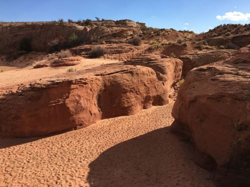 A sandy canyon with red rock formations under a blue sky, featuring sparse vegetation and rugged terrain.
