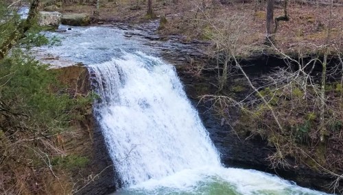 A serene waterfall cascading over rocky terrain, surrounded by trees in a tranquil forest setting.