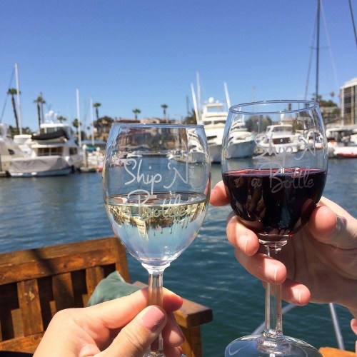 Two glasses of wine toast over a marina, with boats and palm trees in the background. The scene is sunny and vibrant.