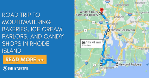 Map highlighting a road trip route to bakeries, ice cream parlors, and candy shops in Rhode Island.