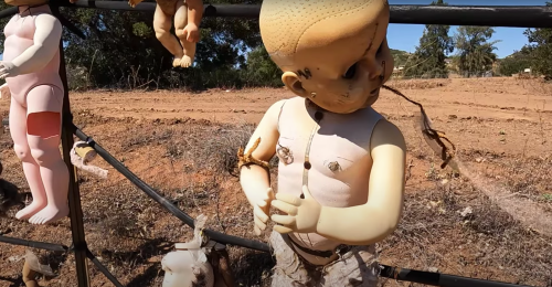 A collection of old, weathered dolls hanging on a rack in a dry, outdoor setting.