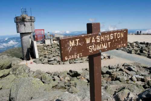 Sign marking the summit of Mt. Washington, with a stone landscape and observation tower in the background.