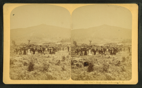A historical stereoscopic image showing a group of people gathered in a rural landscape with mountains in the background.
