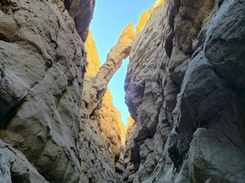 A narrow canyon with towering rock walls and a bright blue sky visible at the top.