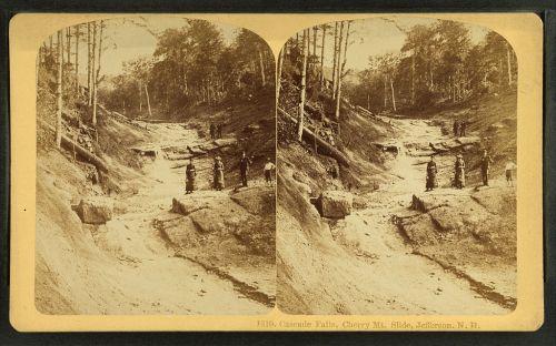 Stereoscopic image of Cascade Falls, Cherry Mountain Slide, Jefferson, NH, featuring people near a rocky landscape.