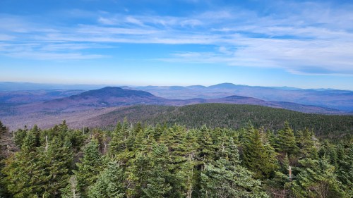 A panoramic view of rolling mountains and lush green forests under a clear blue sky.