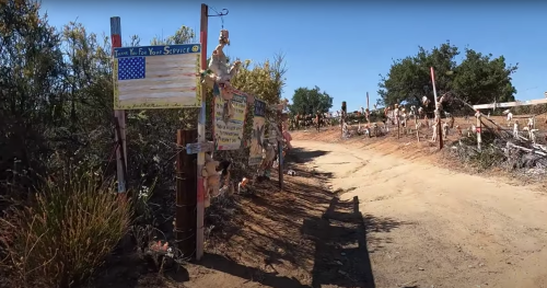A dirt path lined with signs and decorations, leading through a rustic landscape with sparse vegetation.