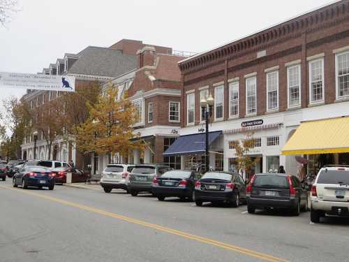 A street view of a quaint town with brick buildings, shops, and parked cars under a cloudy sky.