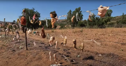 A line of old dolls hanging on a wire in a dry, barren landscape under a clear blue sky.