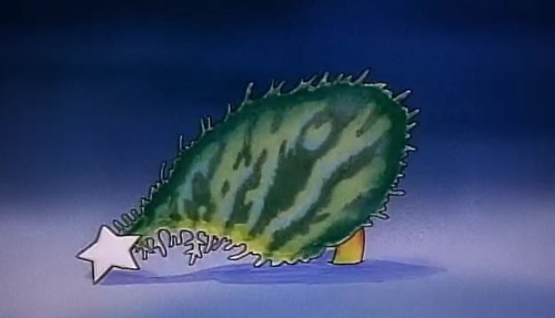 A cartoonish green leaf with spiky edges and a white star at its base, set against a dark blue background.