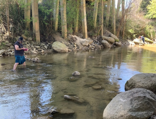 A person wades through shallow water in a stream, surrounded by rocks and trees, while another person sits on the bank.
